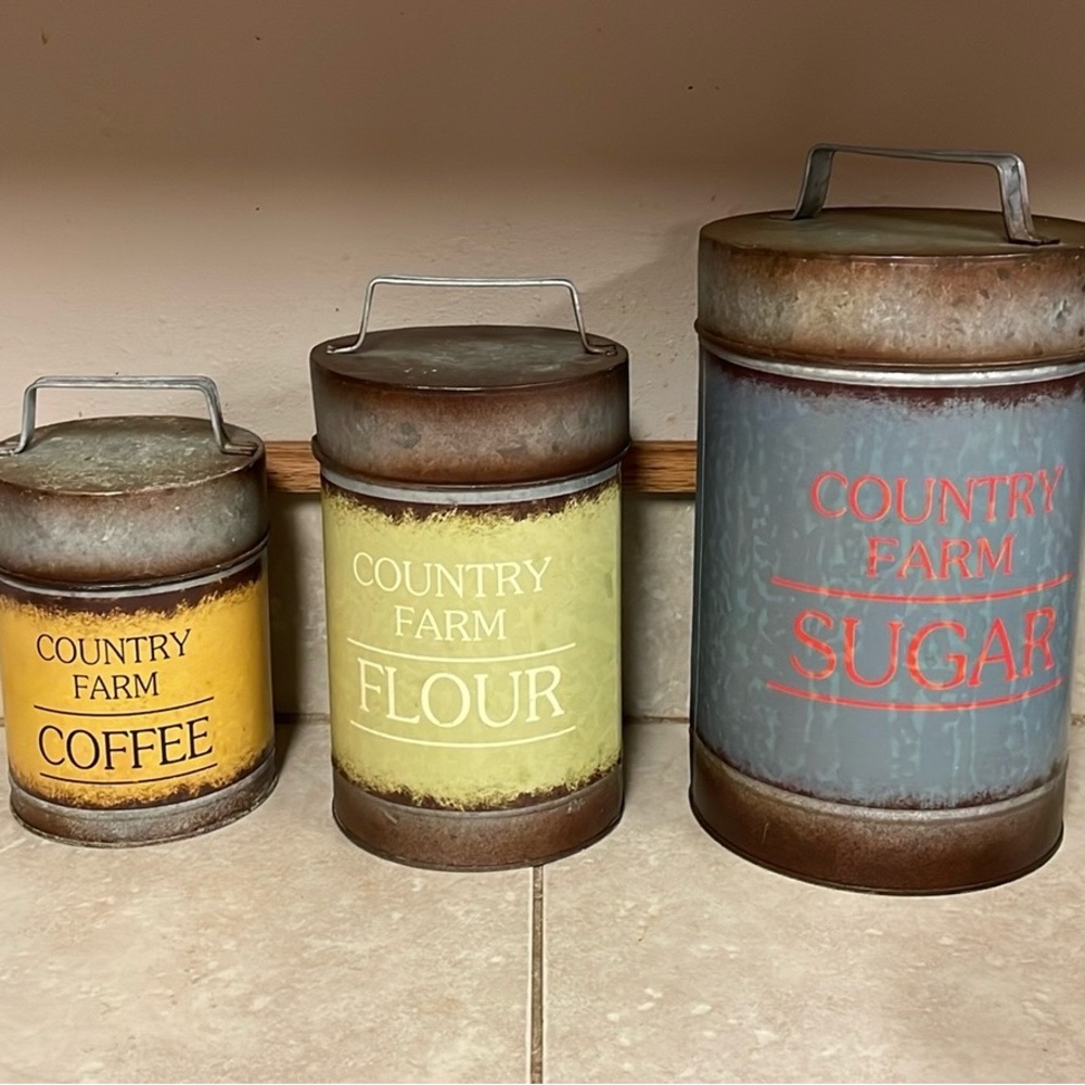 Retro 3pc Canister Set Sugar Flour Coffee Farm Metal Canisters Rustic Decor